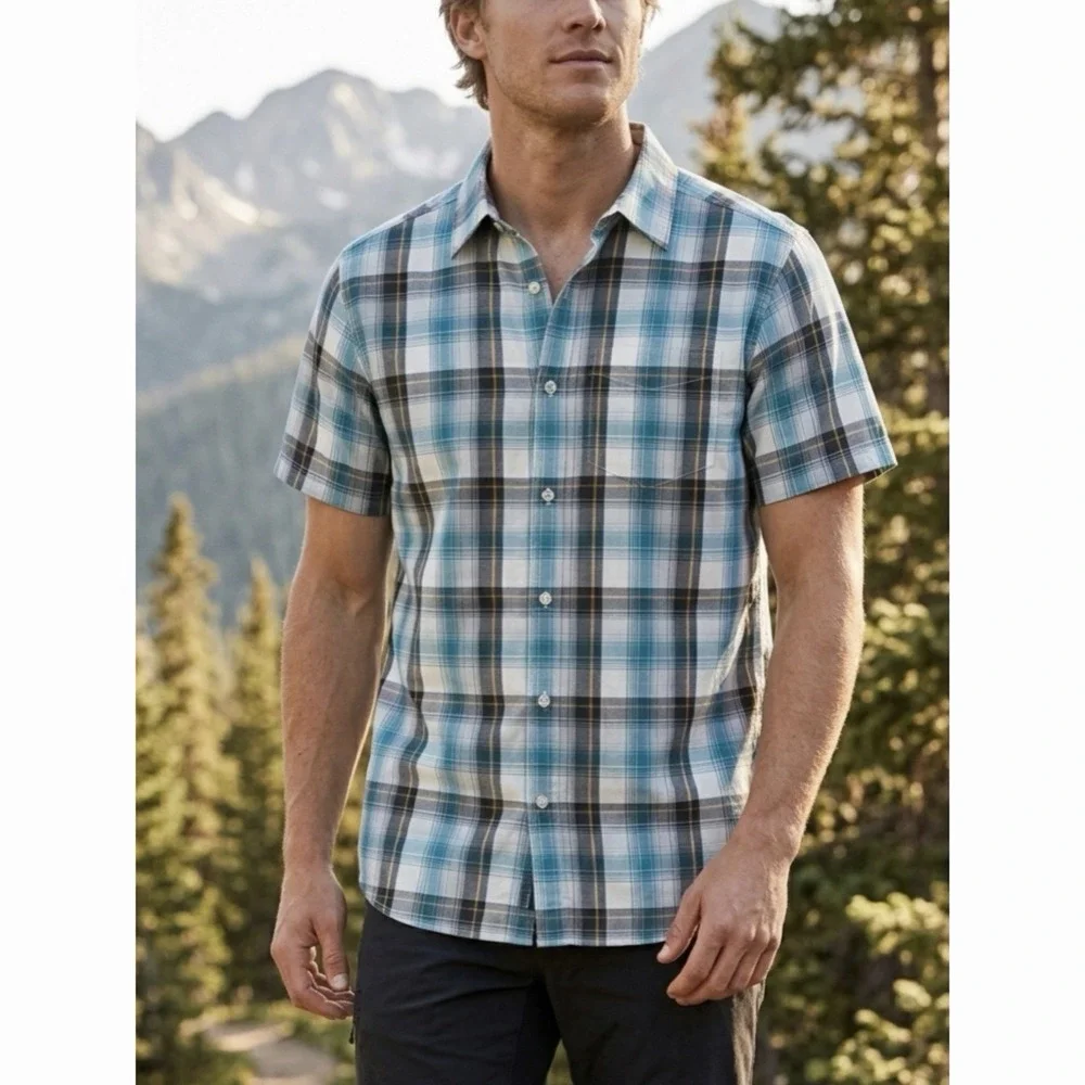 The North Face Mens Large Short Sleeve Plaid Button Down Shirt Blue Gray Outdoor